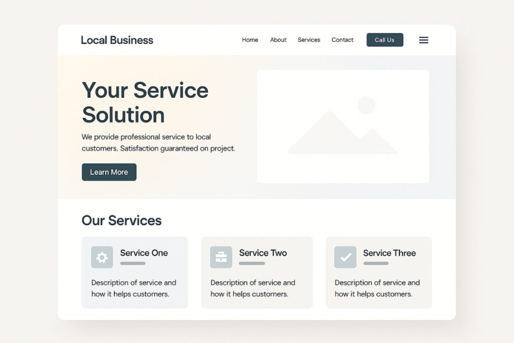 Well-structured homepage mockup of a local business website with clear service sections.