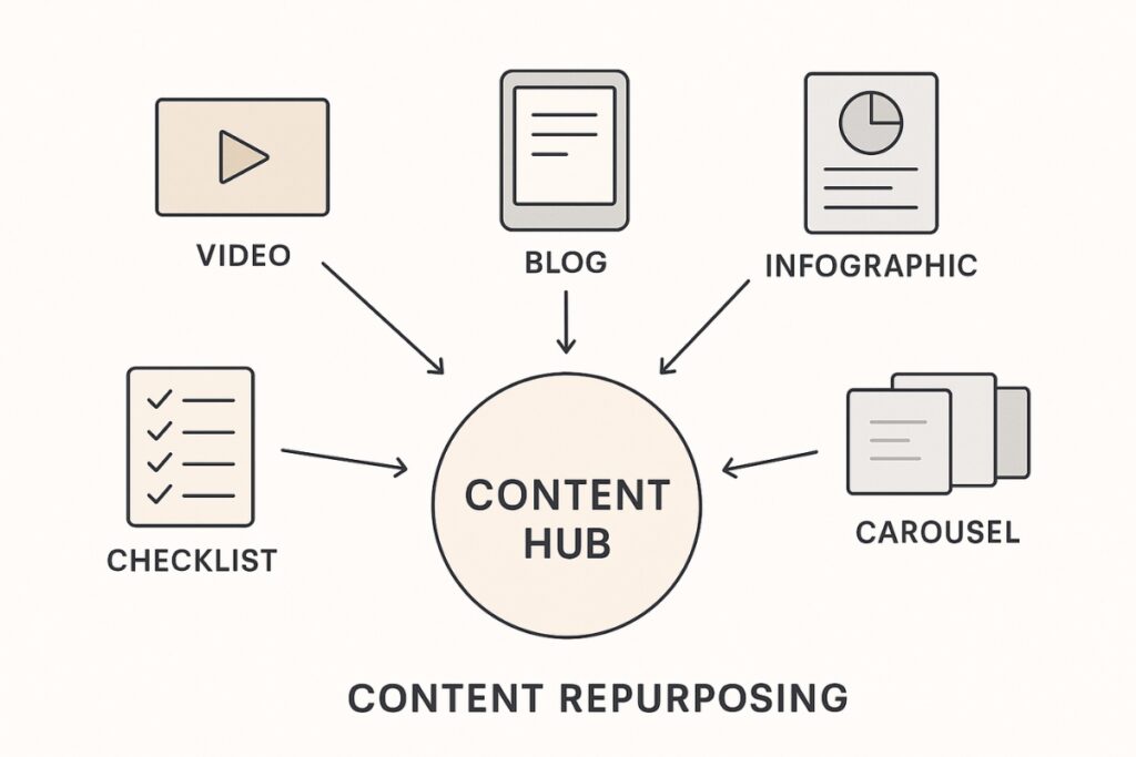 Professional Services Content Strategy Guide Image shows a content hub with arrows leading to several repurposed formats.