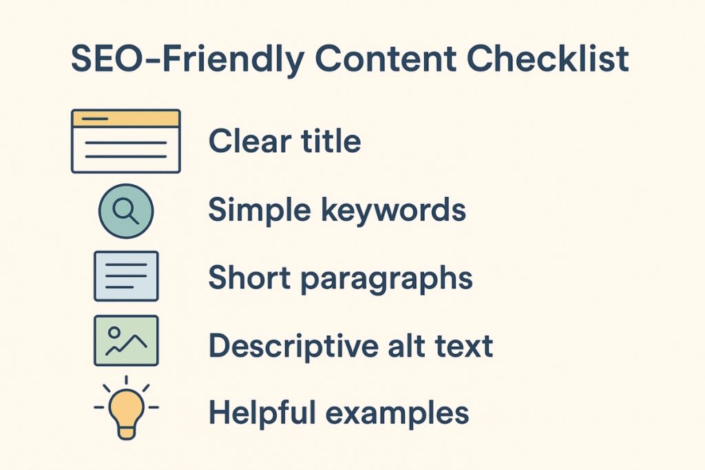 Checklist of SEO-friendly content elements such as title, keywords, formatting, and alt text