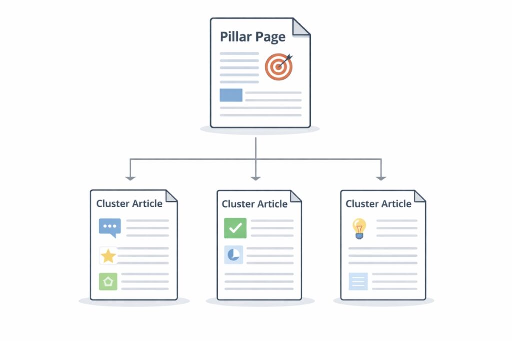 Pillar page structure showing a main topic page linking to related cluster content