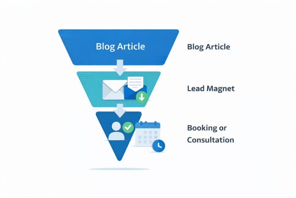 Blog content funnel from article to checklist to booking