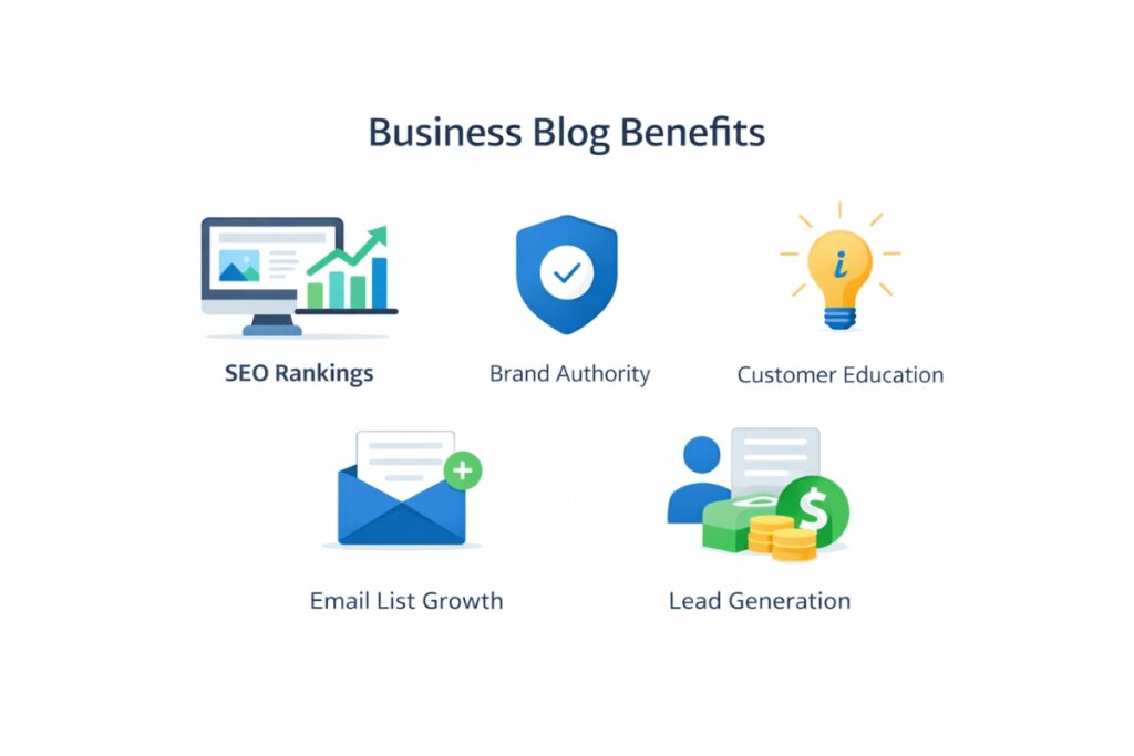 business blog benefits diagram showing SEO trust and lead generation