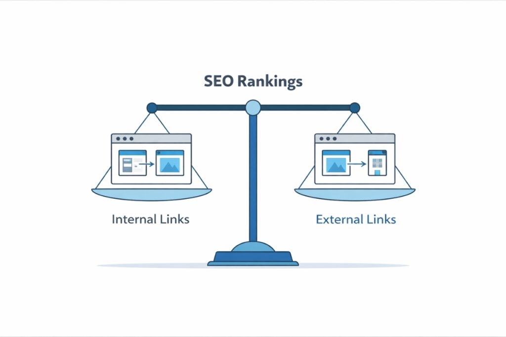 Internal vs external links, SEO impact balance illustration