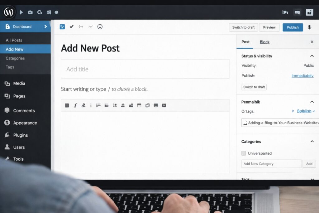 WordPress dashboard screen showing how to add a new blog post