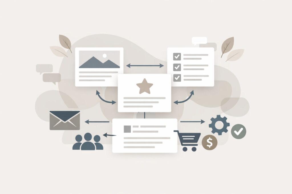 Illustration of interconnected blog content forming a system that supports monetization.